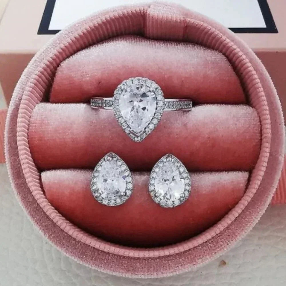 925 Sterling Silver Pear Cut Diamond Ring Earrings